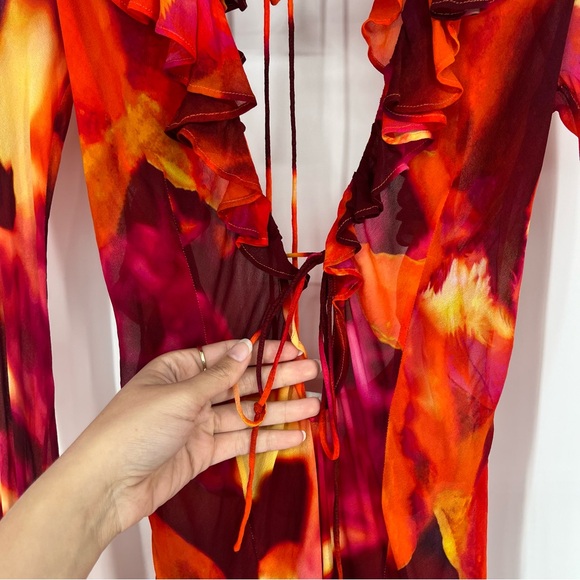 Rat & Boa Dali Red Watercolor Ruffle Tie Front Sheer Low Back Mini Dress XS - Picture 9 of 15